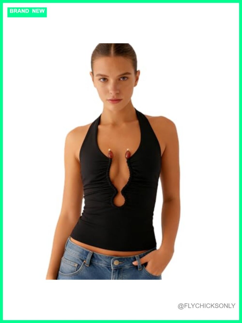 Plunge Halter Crop Tank Top Beaded Keyhole Cutout Backless Y2K Summer
